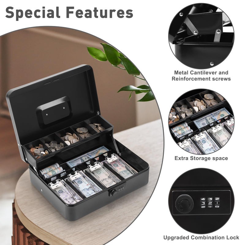 KYODOLED Metal Cash Box with Combination Lock & Spring-Loaded Bill Clips, 5-Compartment Cantilever Coin Tray, Portable Safe for Yard Sales/Craft Fairs/Small Businesses, 11.81â€x9.45â€x3.54â€, Black - Image 5